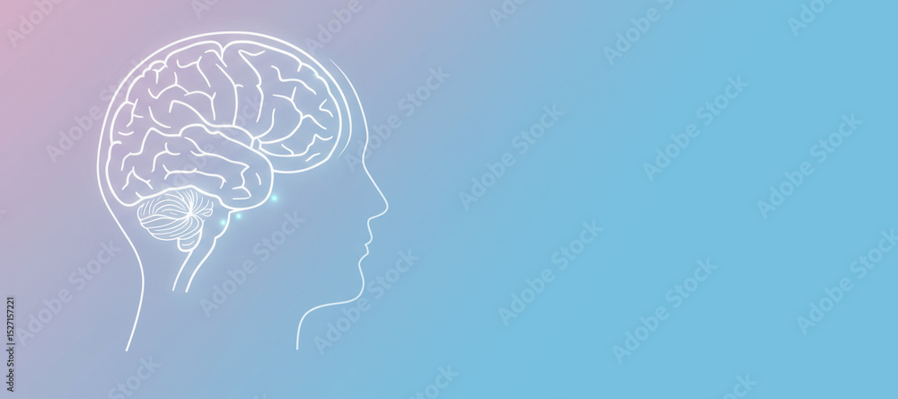 Poster human brain outlined inside a head profile. concept of thinking process and artificial intelligence 
