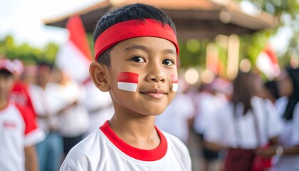 A young boy, wearing a red headband and a white shirt with red trim, has his face painted with red and white, resembling the Indonesian flag.