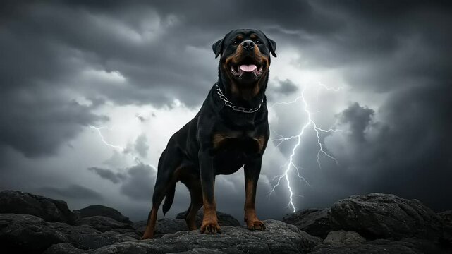 Rottweiler dog against a stormy sky.