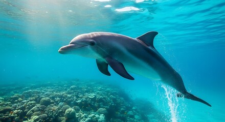 Obraz premium Dolphin Swimming Underwater Gracefully Exploring Coral Reef Marine Life Beautiful Clear Ocean Water Sunny Reflections Natural Habitat Diving Adventure Wildlife Conservation