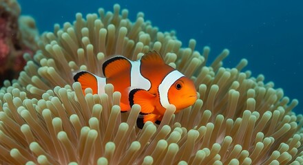 Clownfish Amidst Anemone Underwater Coral Reef Ecosystem Rich Marine Life Colorful Aquatic Environment Biodiversity Conservation Habitat Symbiotic Relationship Orange White Black