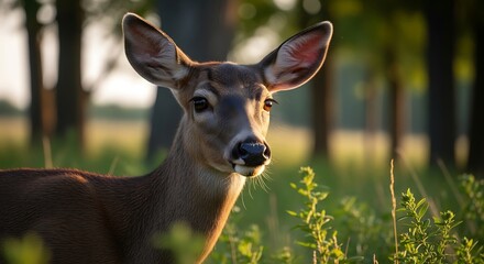 Whitetail Deer Portrait in Natural Habitat Early Morning Light in Green Meadow with Forest Background. Wildlife, Spring, Tranquility and Summer Concepts