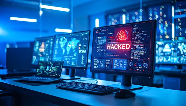 Server room monitors display hack alert