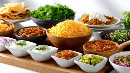 a taco bar setup with various fillings