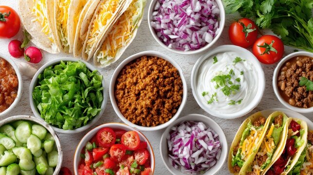 a taco bar setup with various fillings