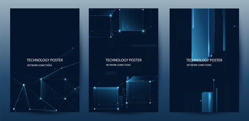 Futuristic digital blue line technology poster set, glowing lines innovation and connection network background for tech event poster or presentation product business