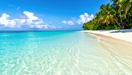 Fototapeta premium Pristine beach scene with turquoise water and palm trees. Tranquil tropical paradise. Vast expanse of white sand meets crystal-clear water under a vibrant blue sky
