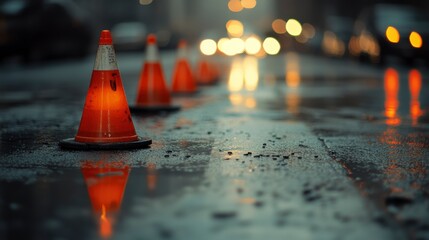 Wet city street at night with orange traffic cones reflecting light.