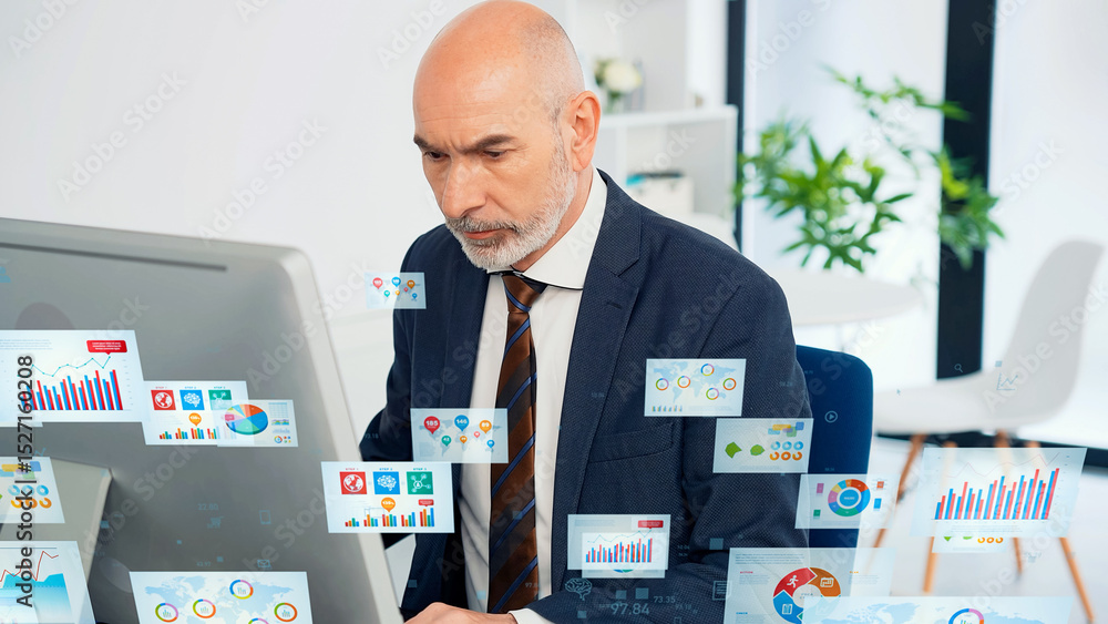 Poster conceptual visual of a middle-aged caucasian man working in an office and electronic documents