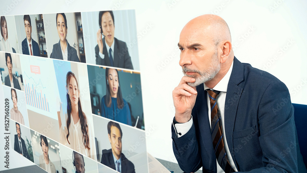 Poster conceptual visual of a middle-aged caucasian man participating in a video conference