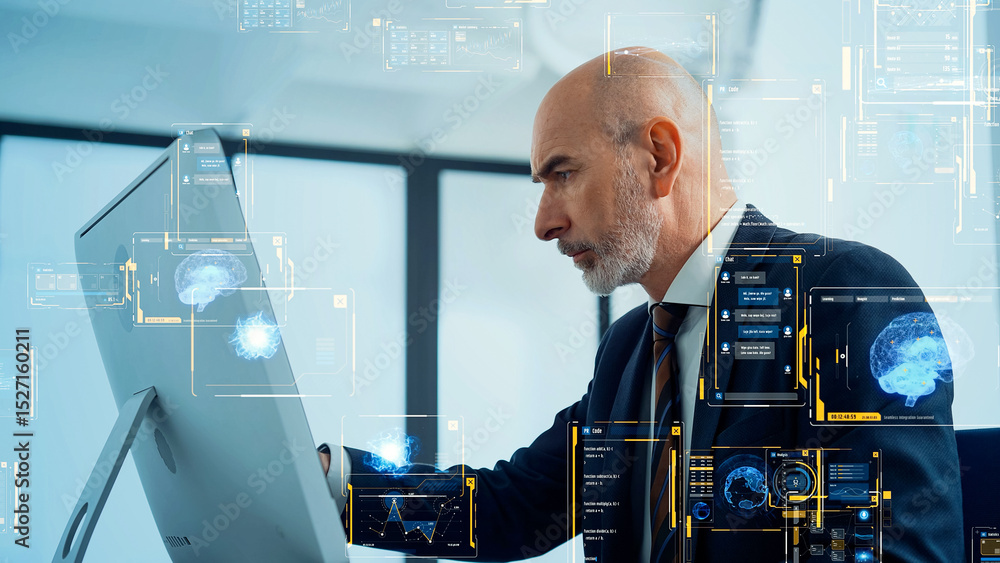 Poster conceptual visual of digital data with business people working in office