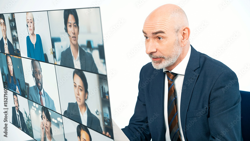 Poster conceptual visual of a middle-aged caucasian man participating in a video conference