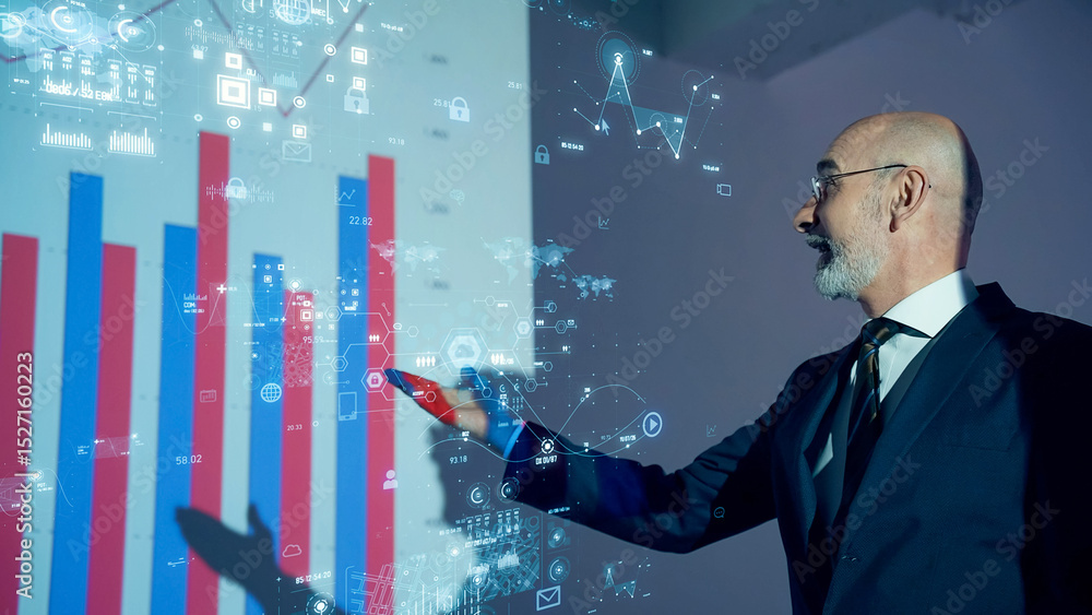 Leinwandbilder conceptual visual of a businessman giving a presentation and digital data