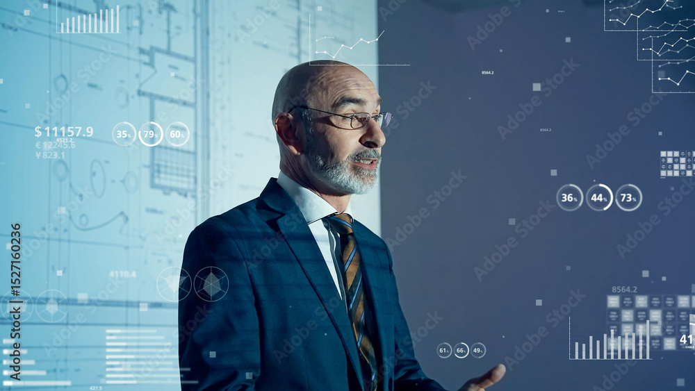 Poster Conceptual visual of a businessman giving a presentation and statistical data