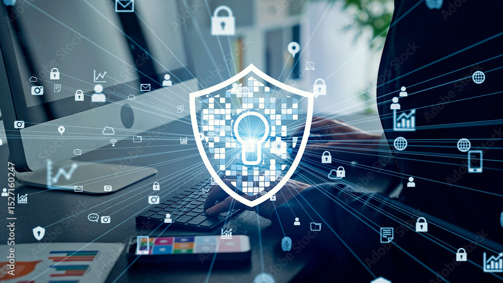 Aufkleber cybersecurity concept visual with businessman looking at a computer in an office