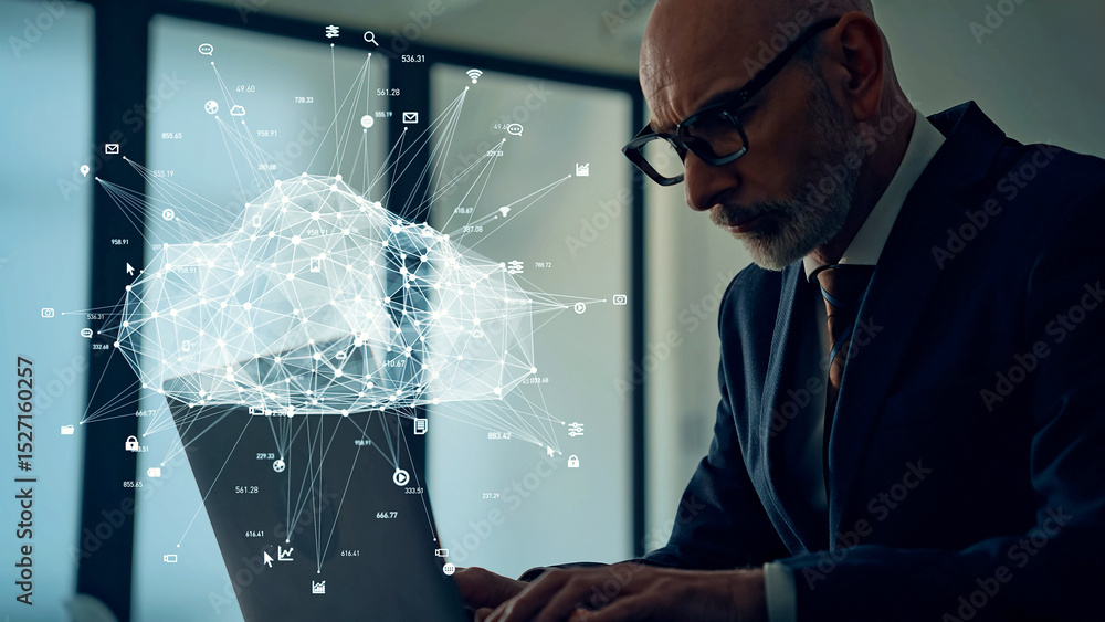 Poster Conceptual visual of a middle-aged Caucasian man using a computer in an office and cloud computing