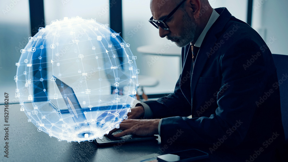 Leinwandbilder Conceptual visual of a middle-aged Caucasian man using a computer in an office and networking