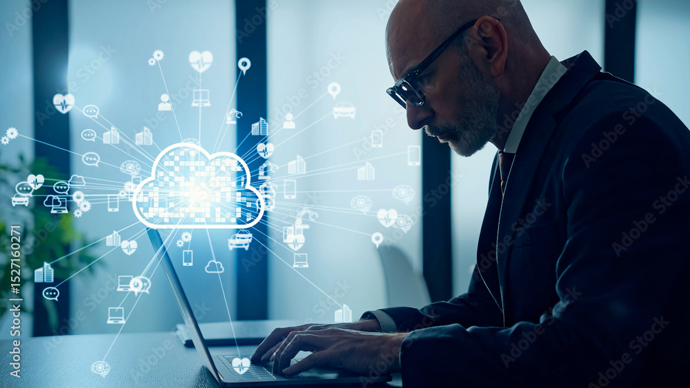 Poster Conceptual visual of a middle-aged Caucasian man using a computer in an office and cloud computing