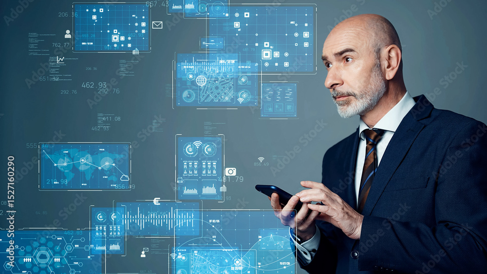 Poster concept visual of a middle-aged caucasian man using a smartphone and digital technology