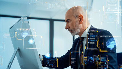 Conceptual visual of digital data with business people working in office