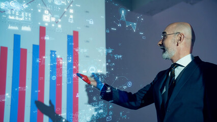 Conceptual visual of a businessman giving a presentation and digital data