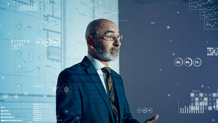 Conceptual visual of a businessman giving a presentation and statistical data