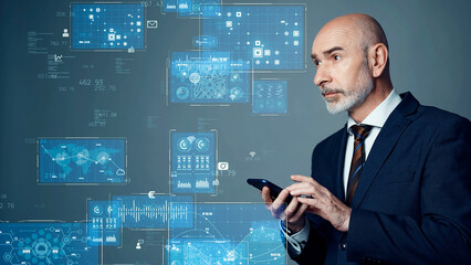 Concept visual of a middle-aged Caucasian man using a smartphone and digital technology