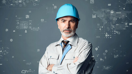 Middle-aged Caucasian engineer and digital technology concept visuals