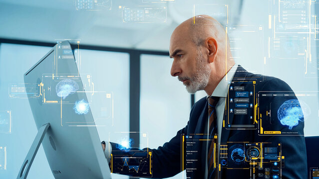 Conceptual visual of digital data with business people working in office - Powered by Adobe