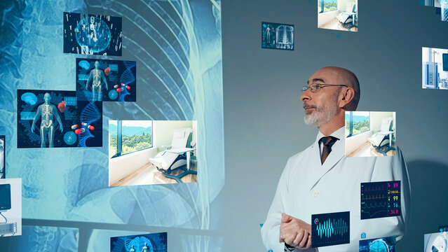 Doctor giving a lecture using a projector and medical technology concept visual - Powered by Adobe
