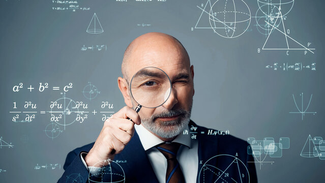 A middle-aged Caucasian man observing with a magnifying glass and science concept visuals
