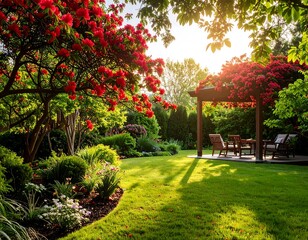 Lush garden gazebo at sunset