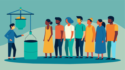 A line of people gathers in front of the well hoping to get their share of the limited water supply for the day.. Vector illustration