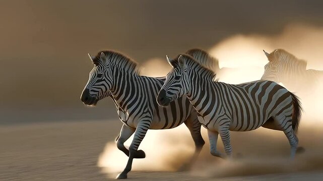 Zebras galloping across a dusty plain creating golden dust clouds