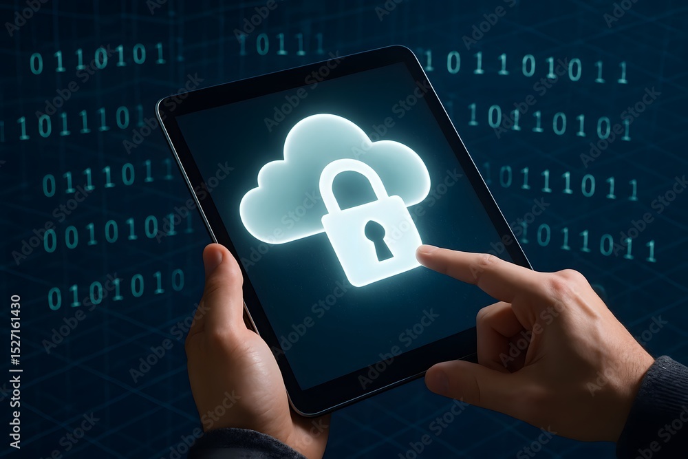 Poster secure cloud technology displayed on a digital tablet, showcasing data protection and digital privac
