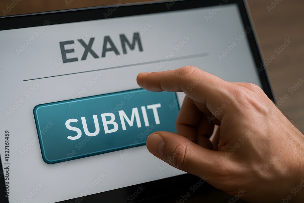 Poster a hand is pressing a submit button on an exam screen