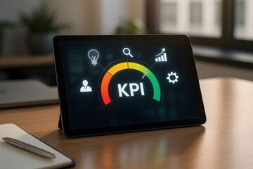 A tablet displays a Key Performance Indicator (KPI) gauge, indicating business progress and metrics