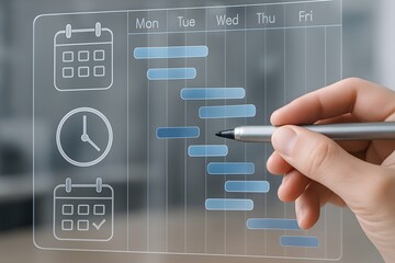 A hand pointing at a digital planner, emphasizing schedules and organization