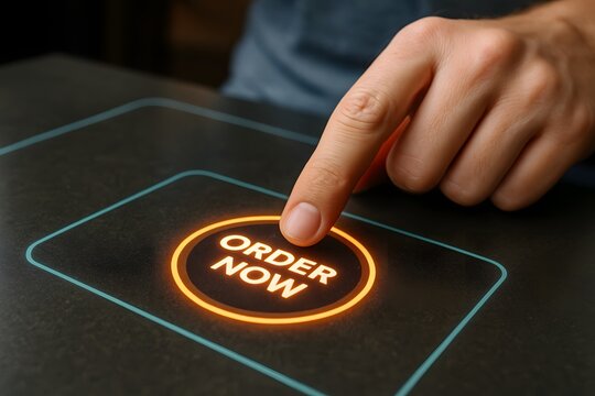 Close-up of a finger about to press an "Order Now" button on a digital ordering screen