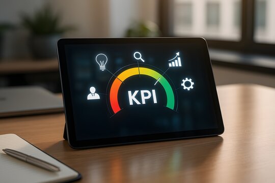 A tablet displays a Key Performance Indicator (KPI) gauge, indicating business progress and metrics