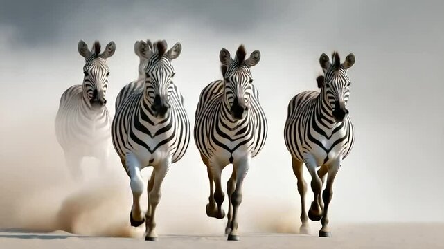 Zebras Galloping Across a Dusty Plain Kicking Up Golden Dust