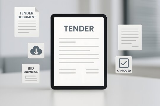 Digital tablet displaying the word "TENDER" along with related document icons. The image is clean, crisp, and suitable for digital platforms