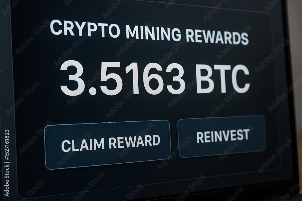 Poster crypto mining rewards displayed on a computer screen with the option to claim or reinvest