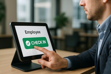 A man interacts with a tablet to check in for work. The screen displays an "Employee Check In" option. This scene likely represents efficient time tracking and workplace technology