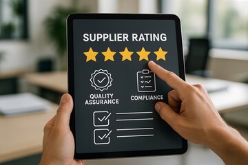 A person touching a tablet screen, displaying a supplier rating with five stars