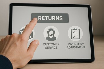 A hand pointing at the "RETURNS" button on a tablet, with icons for customer service and inventory adjustment