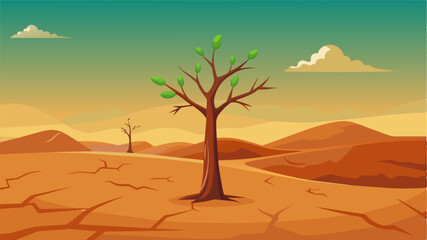 A vast and barren wasteland where a lone sapling stands tall representing the potential for growth and regeneration in the face of environmental degradation.. Vector illustration