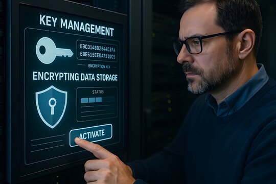 A man interacting with data encryption and key management. His focused expression and interaction with the system symbolize the critical importance of data security