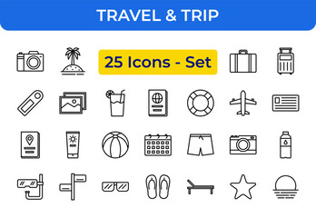 Travel and Trip 25 Icons Set - Vacation, Holiday, and Adventure Outline Vector Symbols for Tourism