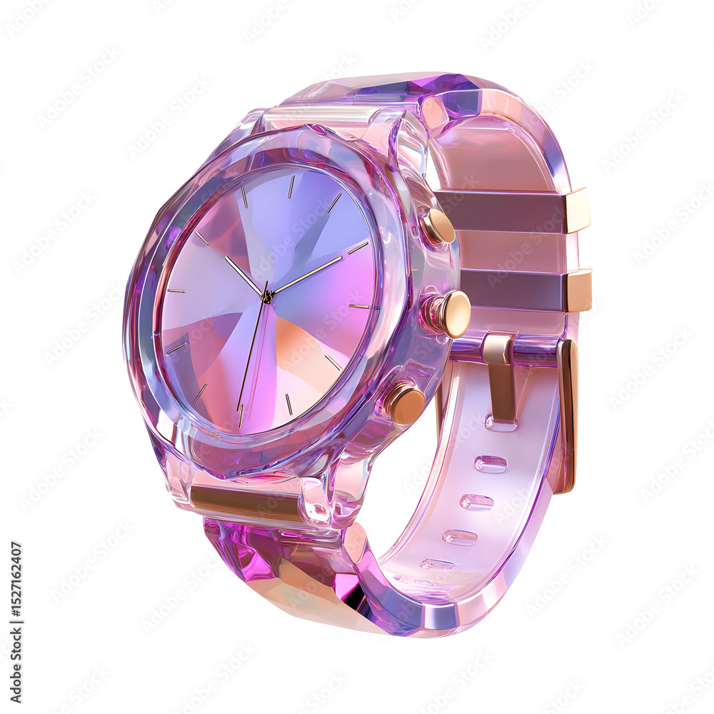 Poster A captivating and innovative crystal watch featuring a vibrant prismatic design with faceted surfaces that create a mesmerizing holographic effect